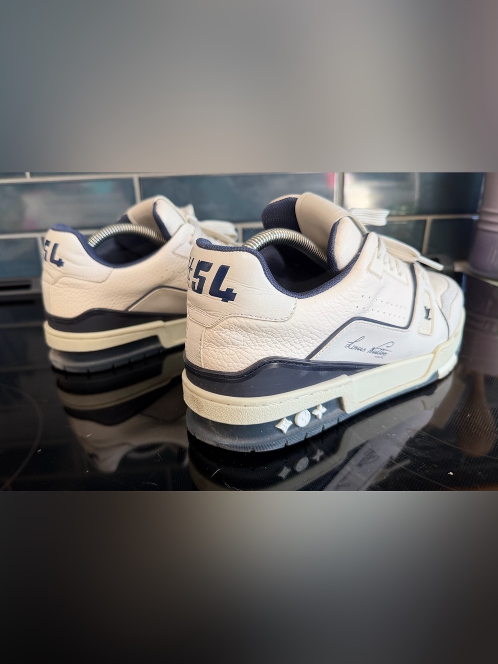 Louis Vuitton White and Navy Signature LV Trainer Sneakers - Men - Picture 5 of 6